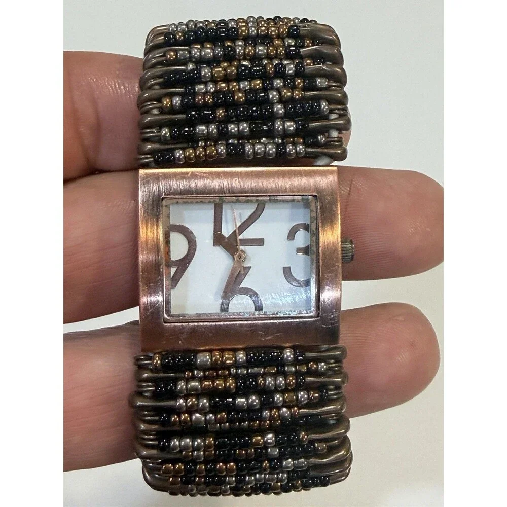 Vintage Copper Tone Square Face Watch Beaded Safety Pin Stretch Cuff New Battery